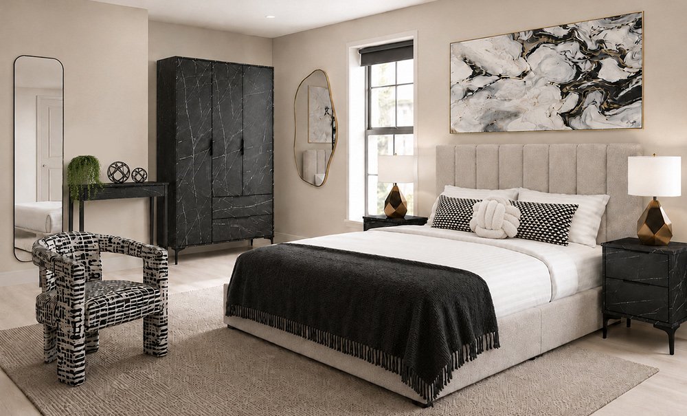 Black marble wardrobe bedroom with patterned accent chair