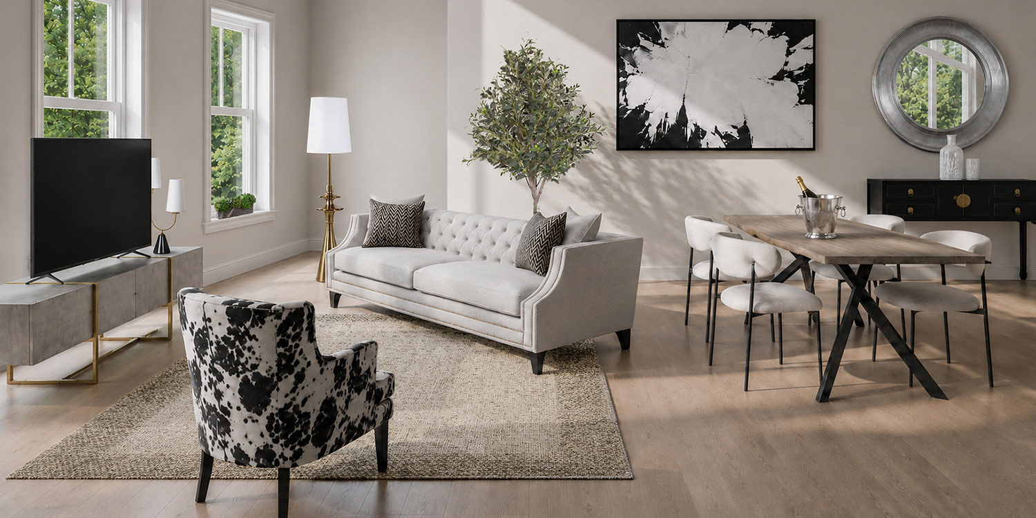 Chesterfield sofa living and dining space with monochrome artwork